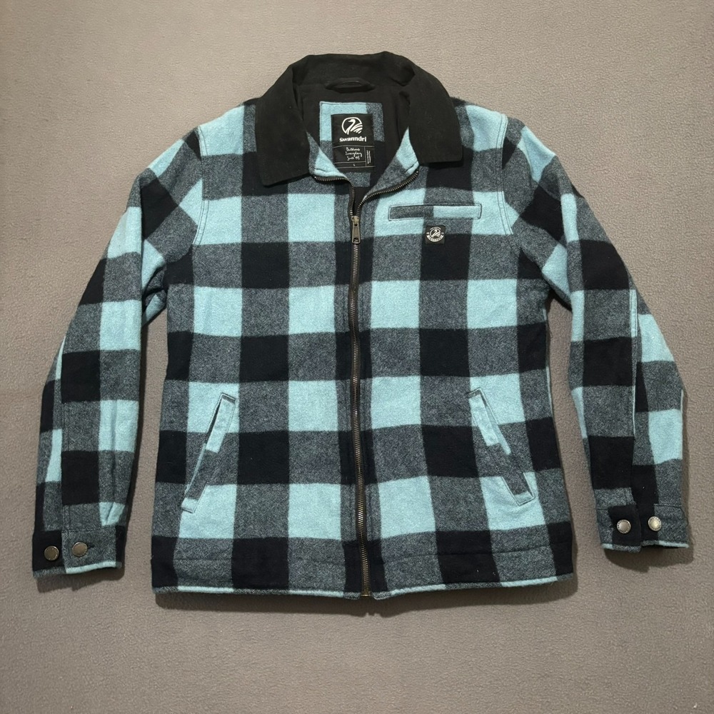 Swanndri New Zealand 100% Wool Plaid Jacket Mens Large Blue Black Full Zip Liner